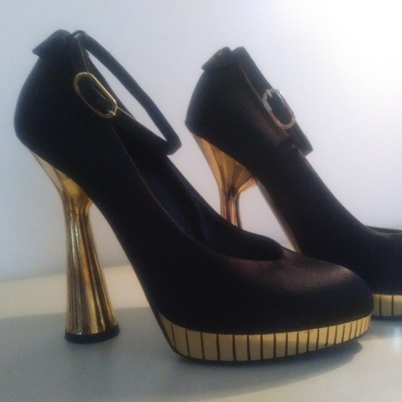 CHANEL Shoes - Chanel Black Satin Gold Disco Mirror Heel Size 37